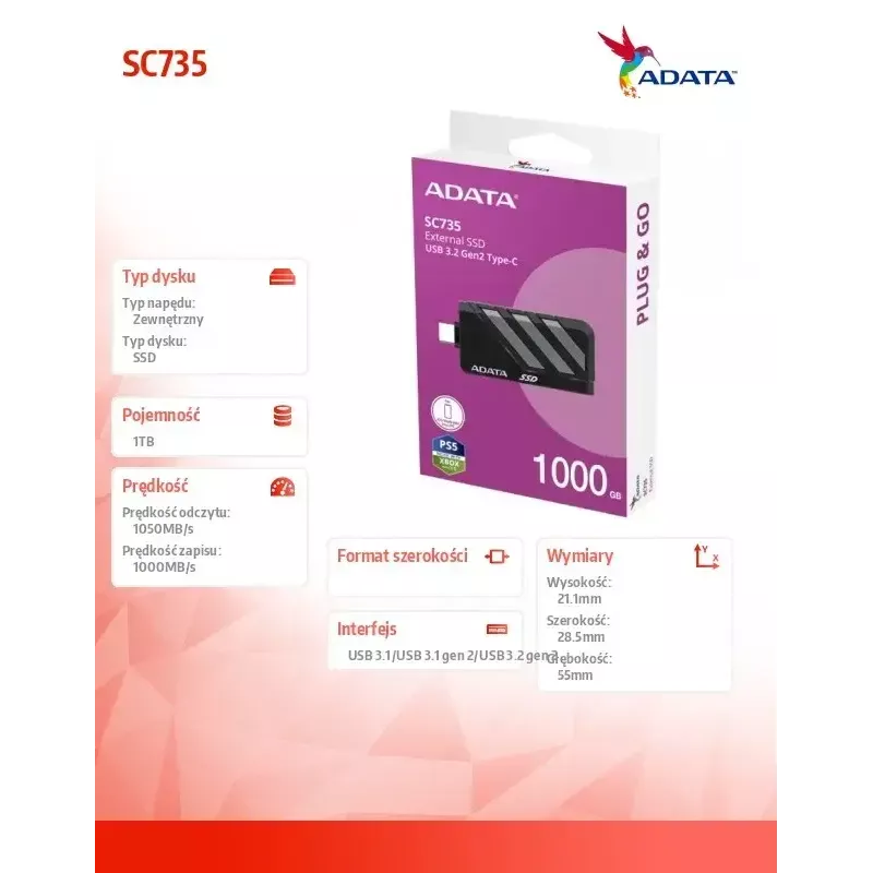 SSD disks ADATA 1TB ārējais 2,5 collu U3.2C SC735