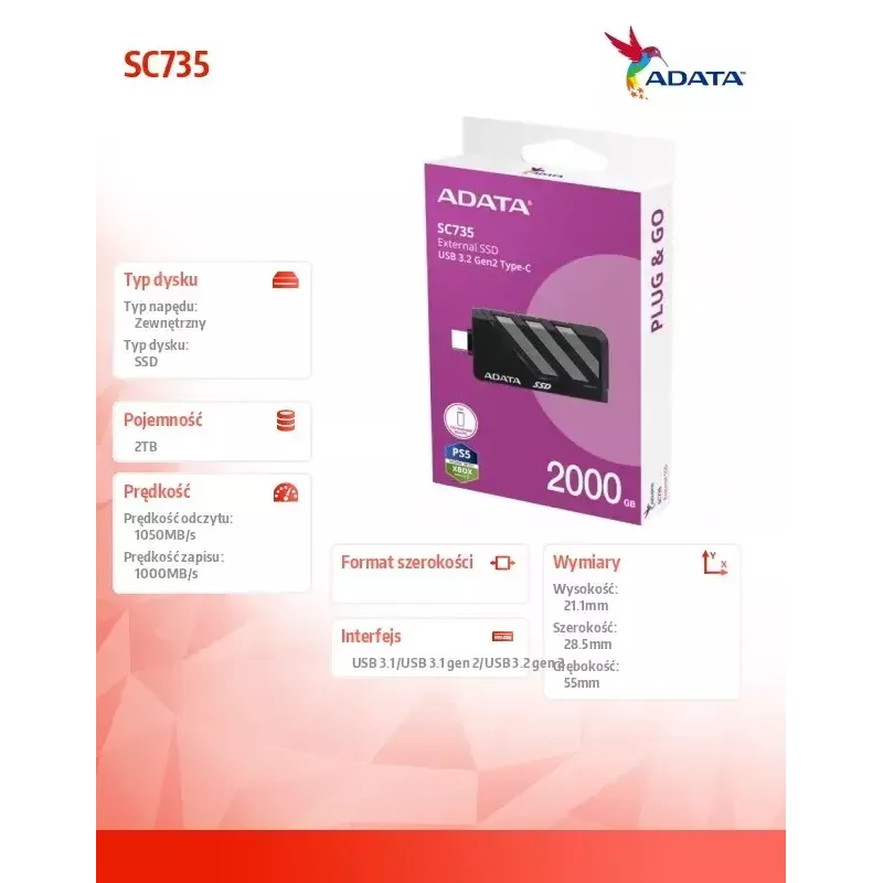 SSD disks ADATA 2TB ārējais SC735 U3.2C pelēks