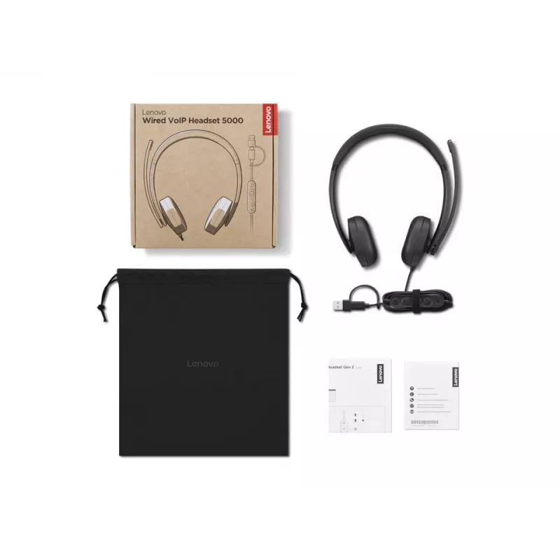 Lenovo VoIP Headset 5000 Vadu galvas saite Biroja/Zvanu centra USB Type-C Melns