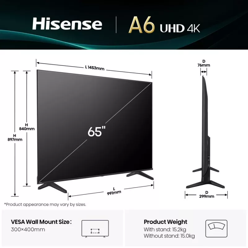 Hisense 65A6Q TV 165.1 cm (65 collas) 4K Ultra HD Smart TV Wi-Fi Melns 330 cd/m²