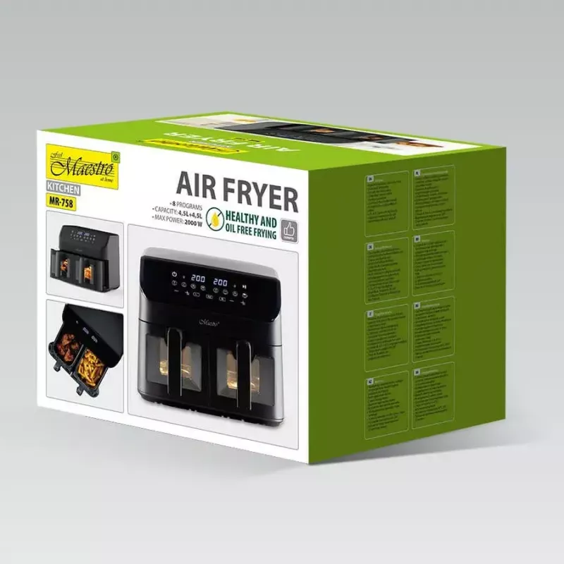 Karstā gaisa fritieris Maestro MR-758, ar diviem groziem 2×4,5 L ietilpība, 1400–1800 W, regulējama 80–200°C, 8 programmas, 30 min taimeris