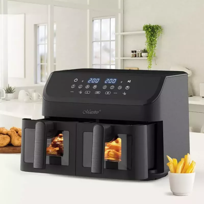 Karstā gaisa fritieris Maestro MR-758, ar diviem groziem 2×4,5 L ietilpība, 1400–1800 W, regulējama 80–200°C, 8 programmas, 30 min taimeris