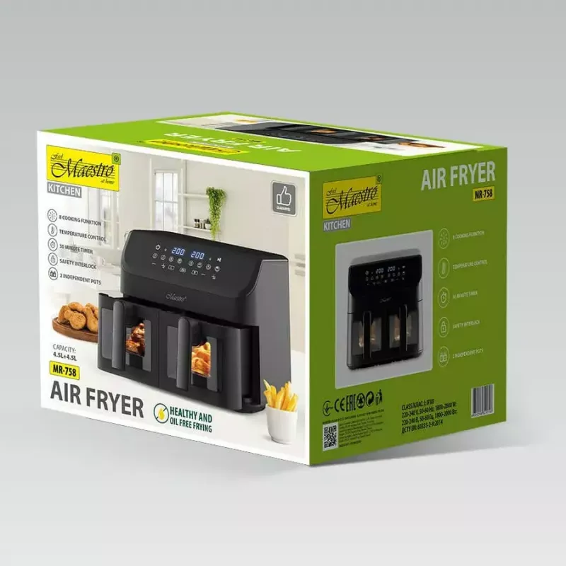 Karstā gaisa fritieris Maestro MR-758, ar diviem groziem 2×4,5 L ietilpība, 1400–1800 W, regulējama 80–200°C, 8 programmas, 30 min taimeris