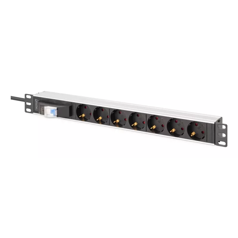 DIGITUS PDU - 1U alumīnija statnes 7x drošības kontaktligzda 16A 4000W 250VAC 50/60Hz 1x automātiskais slēdzis