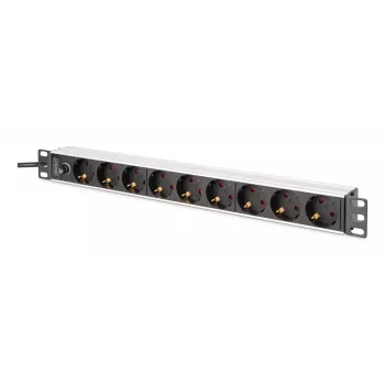 DIGITUS PDU - 1U alumīnija statnes stiprinājums 8x CEE 7/7 kontaktligzda 1x kontaktligzda 10A spraudnis 250VAC 50/60Hz IEC C14 spraudnis priekšējais drošinātājs