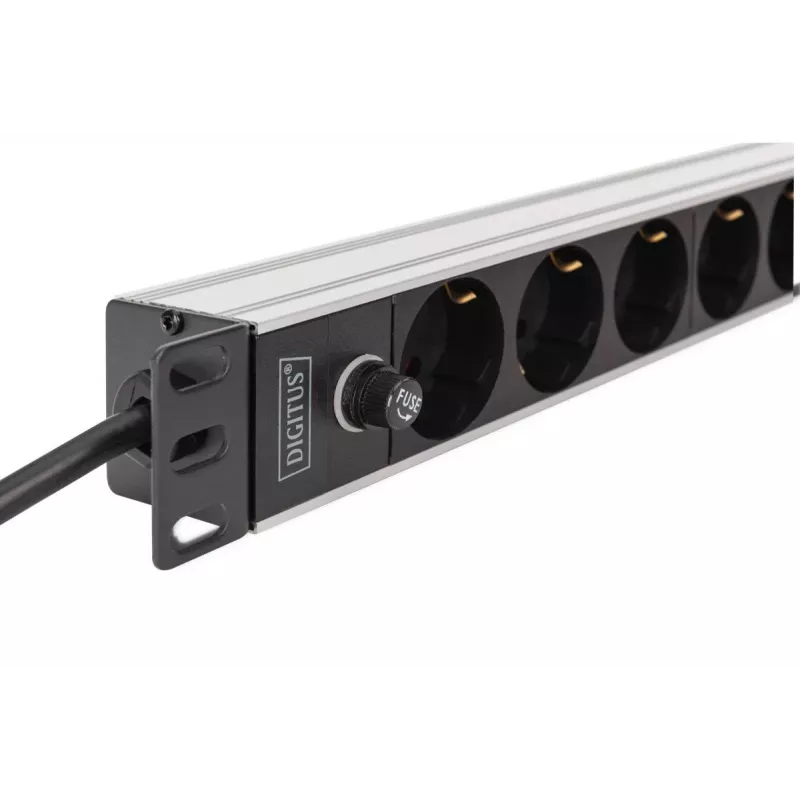 DIGITUS PDU - 1U alumīnija statnes stiprinājums 8x CEE 7/7 kontaktligzda 1x kontaktligzda 10A spraudnis 250VAC 50/60Hz IEC C14 spraudnis priekšējais drošinātājs