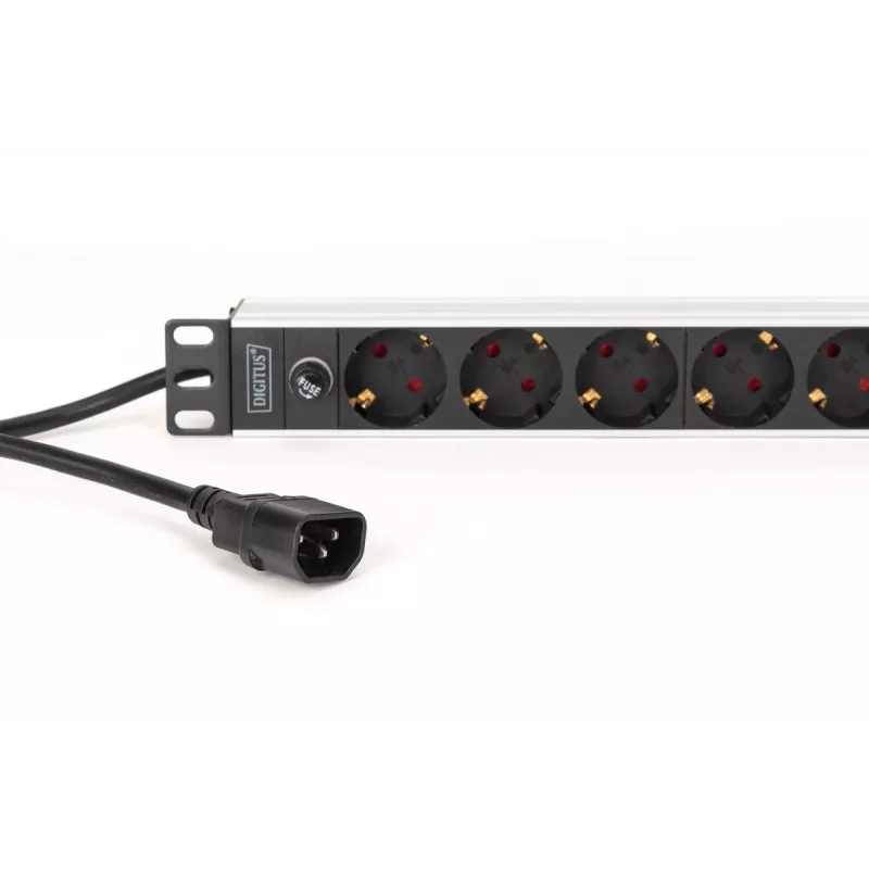 DIGITUS PDU - 1U alumīnija statnes stiprinājums 8x CEE 7/7 kontaktligzda 1x kontaktligzda 10A spraudnis 250VAC 50/60Hz IEC C14 spraudnis priekšējais drošinātājs
