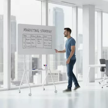 baltaboard ergo office ER-306 — sausā dzēšamā vienpusējā horizontālā tāfele, 1190×790 mm, brīvi stāvoša tērauda konstrukcija ar ritentiņiem, magnētiska