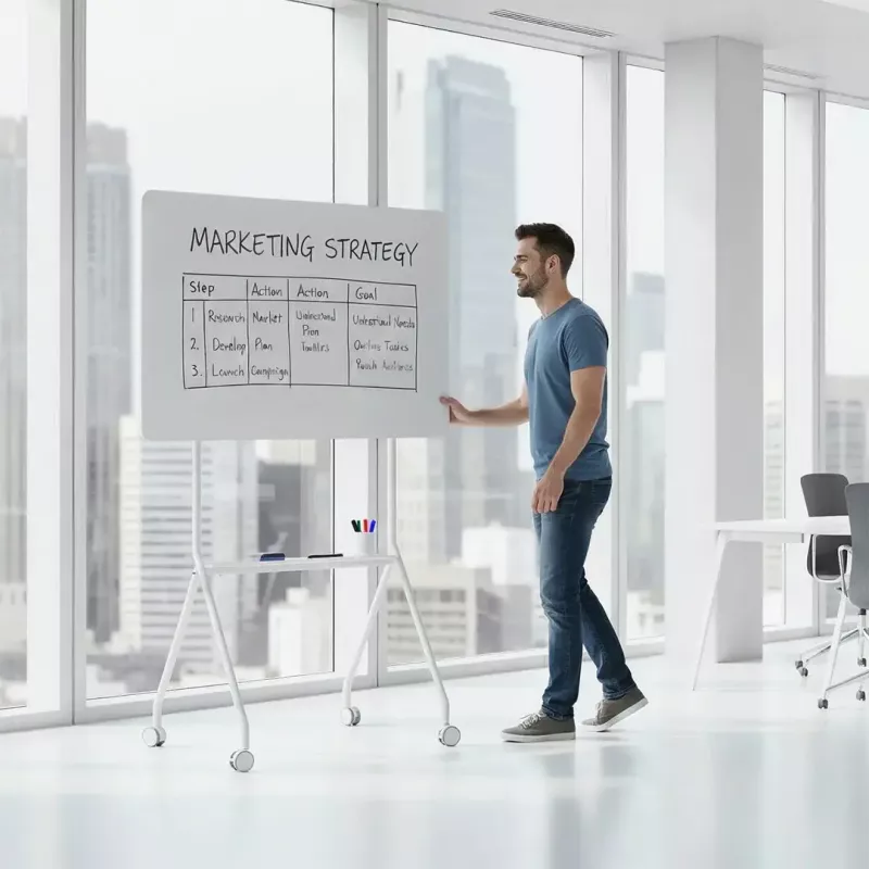 baltaboard ergo office ER-306 — sausā dzēšamā vienpusējā horizontālā tāfele, 1190×790 mm, brīvi stāvoša tērauda konstrukcija ar ritentiņiem, magnētiska
