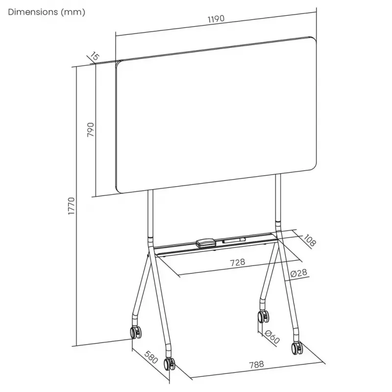 baltaboard ergo office ER-306 — sausā dzēšamā vienpusējā horizontālā tāfele, 1190×790 mm, brīvi stāvoša tērauda konstrukcija ar ritentiņiem, magnētiska