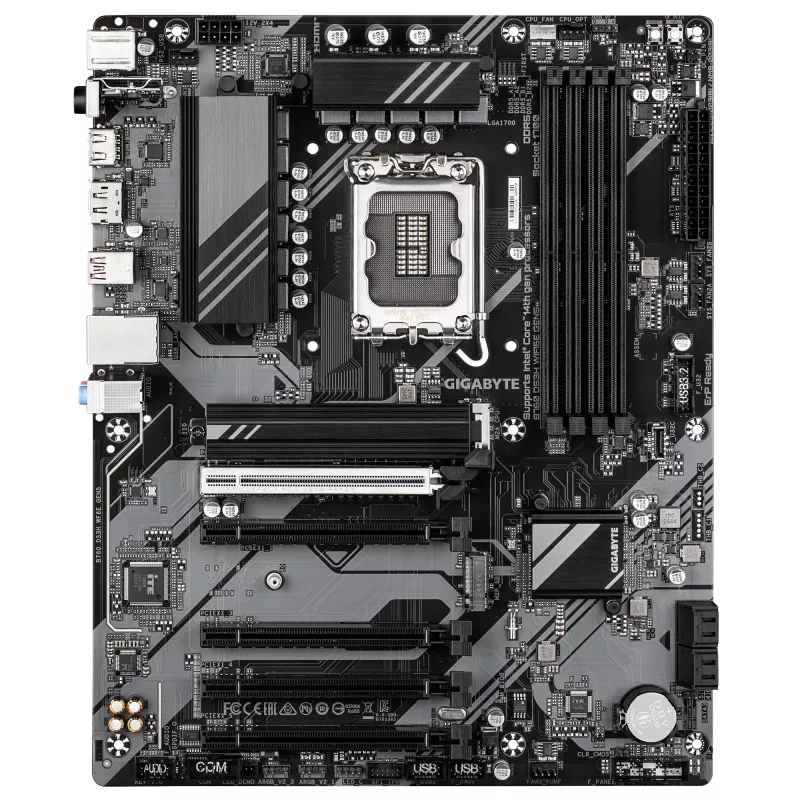 Mātesplate GIGABYTE B760 DS3H WIFI6E GEN5 — atbalsta Intel Core 14. paaudzes CPU, 8+2+1 fāžu digitālais VRM, līdz 5600 MHz DDR5, 2xPCIe 4.0 M.2, Wi-Fi 6E, 1GbE LAN, USB 3.2 Gen 2x2