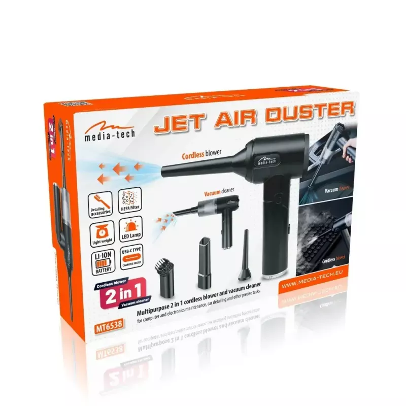 Mini pūtējs MEDIA-TECH MT6538 2 IN 1 Jet Air Duster — bezvada rokas tīrītājs, 2000 mAh, 65 W, 2500 l/min, 7000 Pa