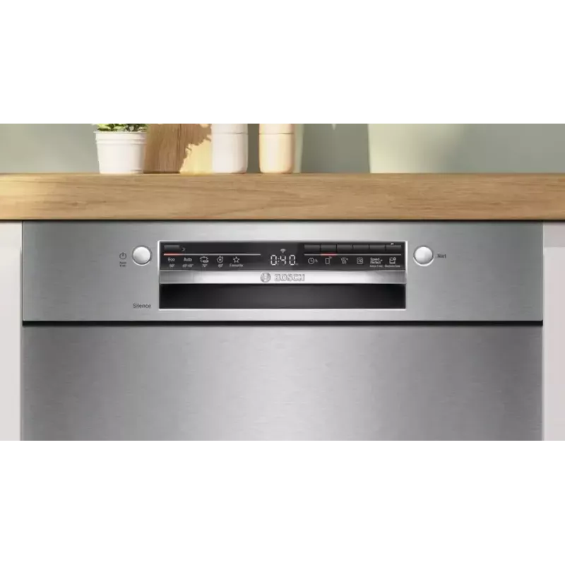 Iebūvējamā trauku mazgājamā mašīna Bosch SMU2HVS06E — pilna izmēra 60 cm, 14 galda klājumu ietilpība, 5 programmas, siltummaiņa žāvēšana