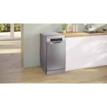 Brīvi stāvoša trauku mazgājamā mašīna Bosch Serie 6 SPS6EMI21E — šaura (45 cm), 10 galda klājumu komplekti, 8 programmas, energoefektivitātes klase B