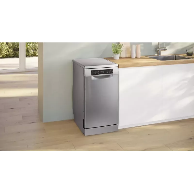 Brīvi stāvoša trauku mazgājamā mašīna Bosch Serie 6 SPS6EMI21E — šaura (45 cm), 10 galda klājumu komplekti, 8 programmas, energoefektivitātes klase B