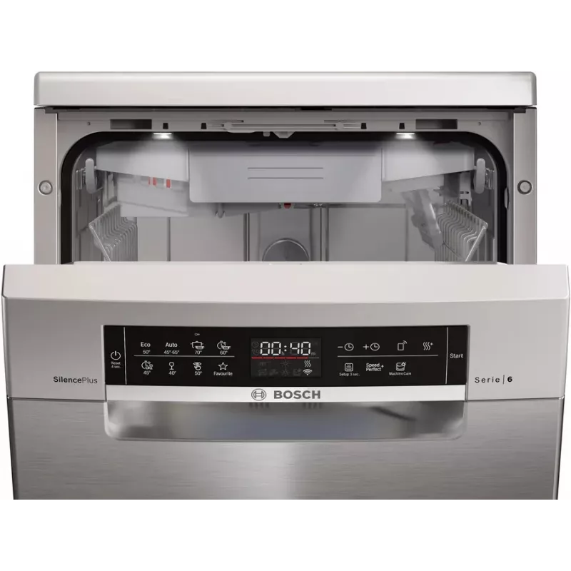 Brīvi stāvoša trauku mazgājamā mašīna Bosch Serie 6 SPS6EMI21E — šaura (45 cm), 10 galda klājumu komplekti, 8 programmas, energoefektivitātes klase B