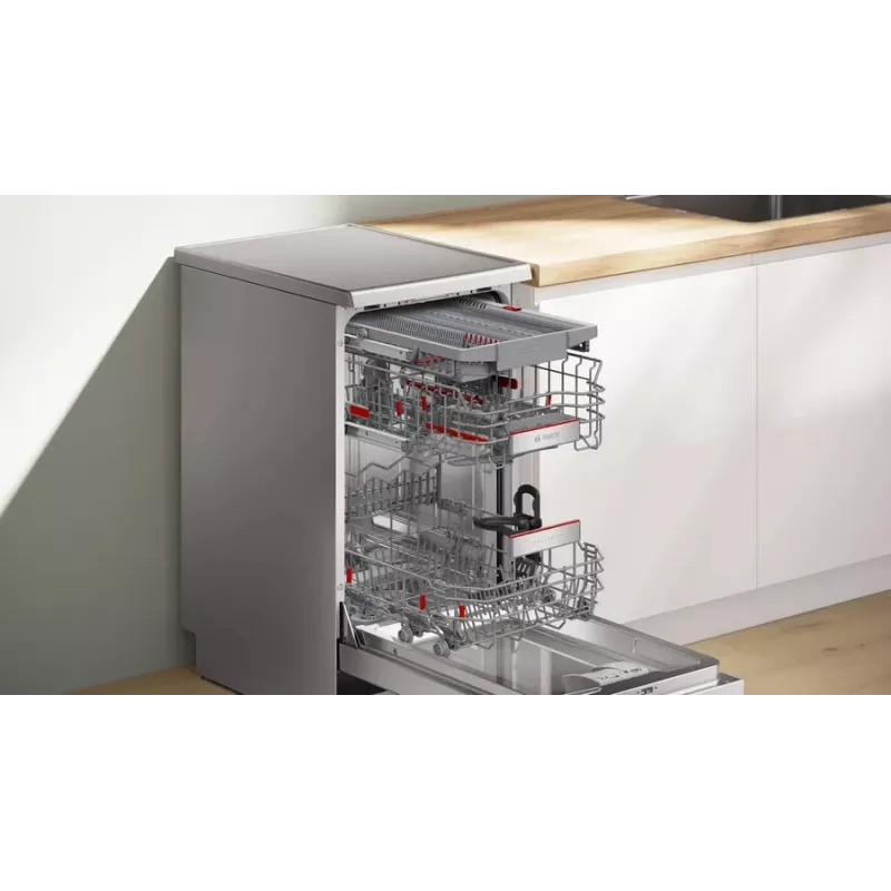 Brīvi stāvoša trauku mazgājamā mašīna Bosch Serie 6 SPS6EMI21E — šaura (45 cm), 10 galda klājumu komplekti, 8 programmas, energoefektivitātes klase B