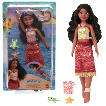 Disney Vaiana 2 rotaļlietas, Peldētājas Tautai Vaiana modes lelle ar 2 aksesuāriem un krāsu mainošu virsdaļu