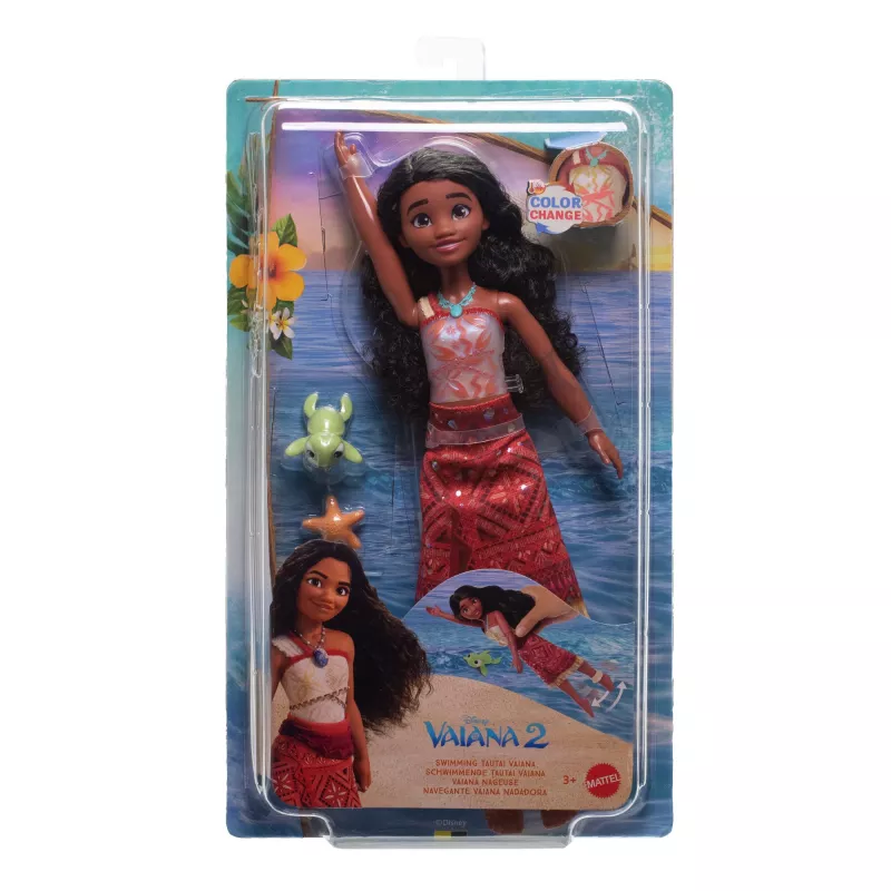 Disney Vaiana 2 rotaļlietas, Peldētājas Tautai Vaiana modes lelle ar 2 aksesuāriem un krāsu mainošu virsdaļu