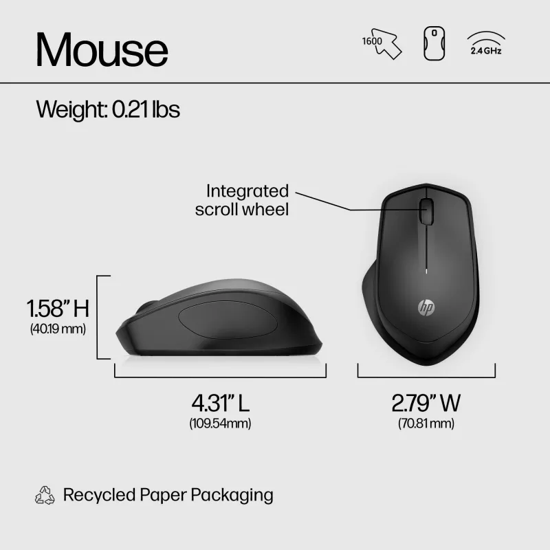 HP 280 Silent Wireless pele, labā roka, optiskā, RF bezvadu, melna