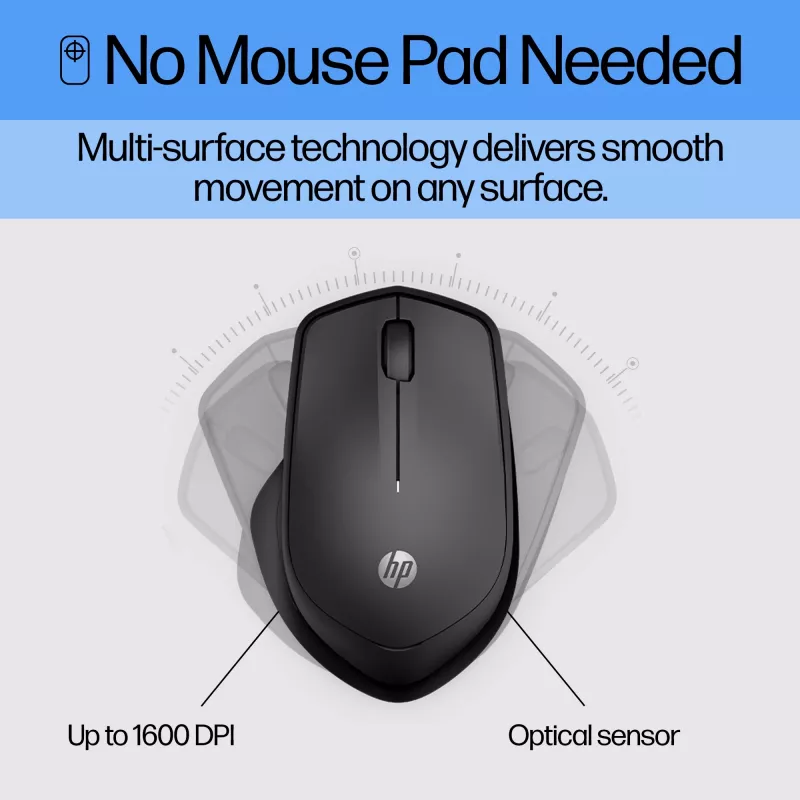 HP 280 Silent Wireless pele, labā roka, optiskā, RF bezvadu, melna
