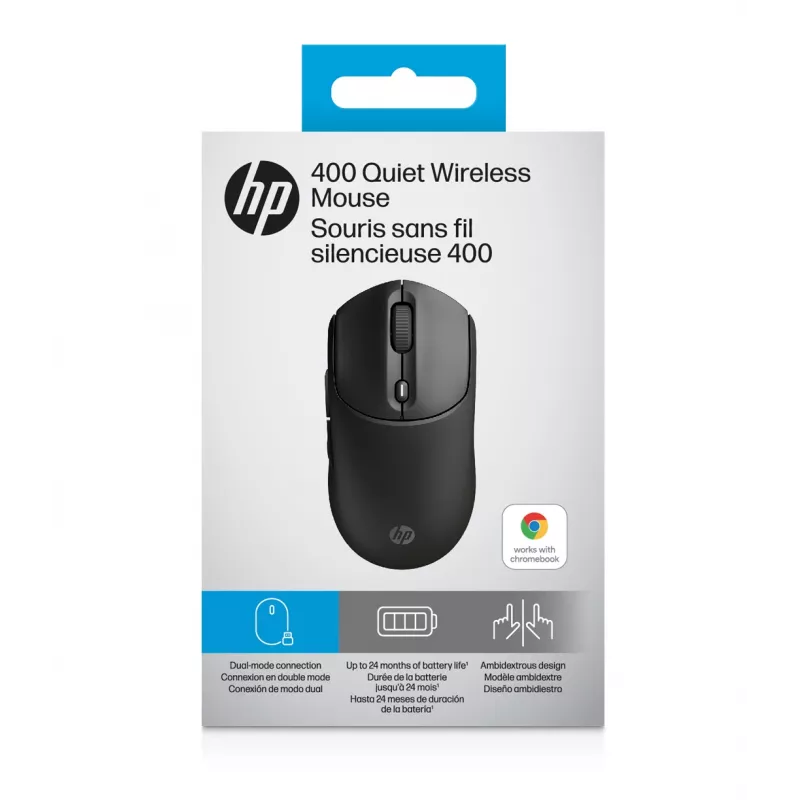 HP 400 Quiet Melns Wireless pele, piemērota abām rokām, RF Wireless + Bluetooth, 6000 DPI, melna
