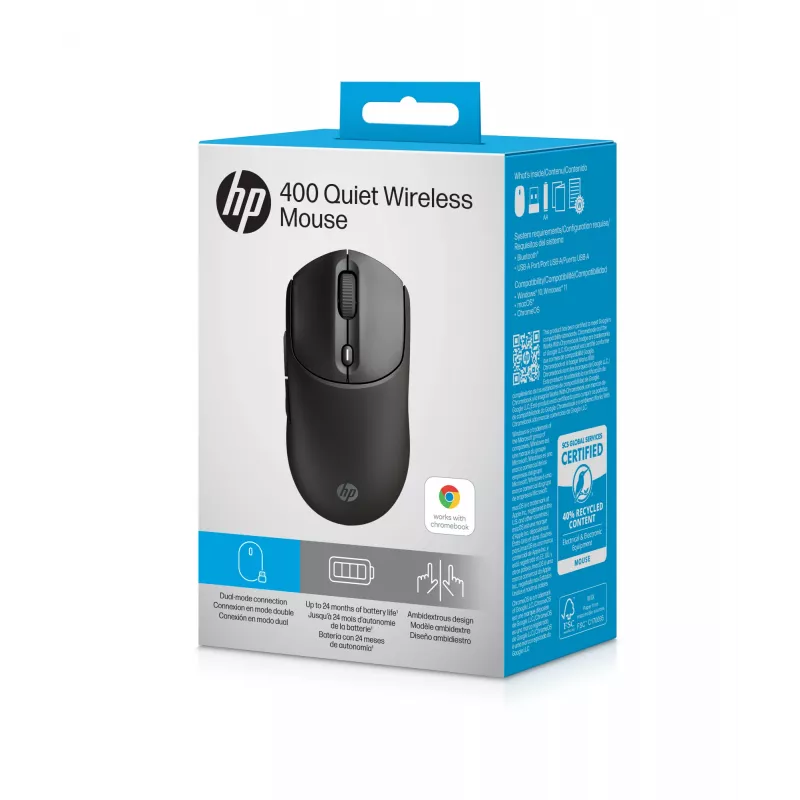 HP 400 Quiet Melns Wireless pele, piemērota abām rokām, RF Wireless + Bluetooth, 6000 DPI, melna