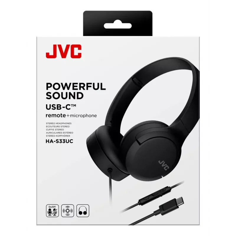 Austiņas JVC HA-S33UC binauālas vadu austiņas ar galvas loku, 2 draiveri 29,7 mm, 20–20000 Hz, 1,2 m kabelis, iebūvēts mikrofons, melns