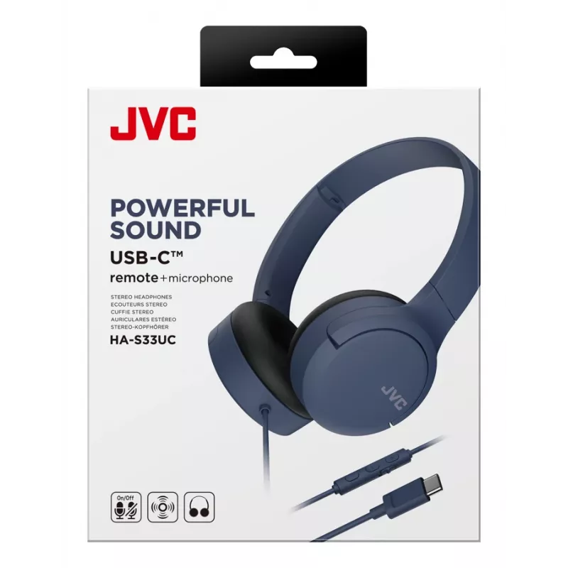 Vadu austiņas JVC HA-S33UCAU, binaurālas, galvas stīpa, USB-C, 2 draiveri 2,97 cm, 20–20000 Hz, kabelis 1,2 m, zilas