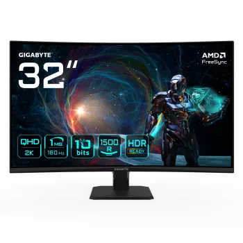 GIGABYTE GS32QCA 31,5 collu QHD izliekts spēļu monitors - 2560 x 1440, 180Hz, 1ms, 250 cd/m², FreeSync, HDR gatavs, HDMI 2.0, DisplayPort 1.4