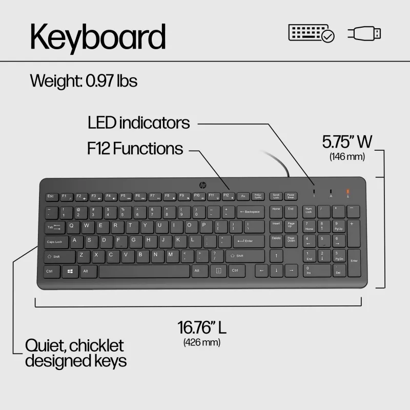 HP 150 vadu tastatūra, pilna izmēra (100%), vadu, USB, mehāniska, QWERTY, melna