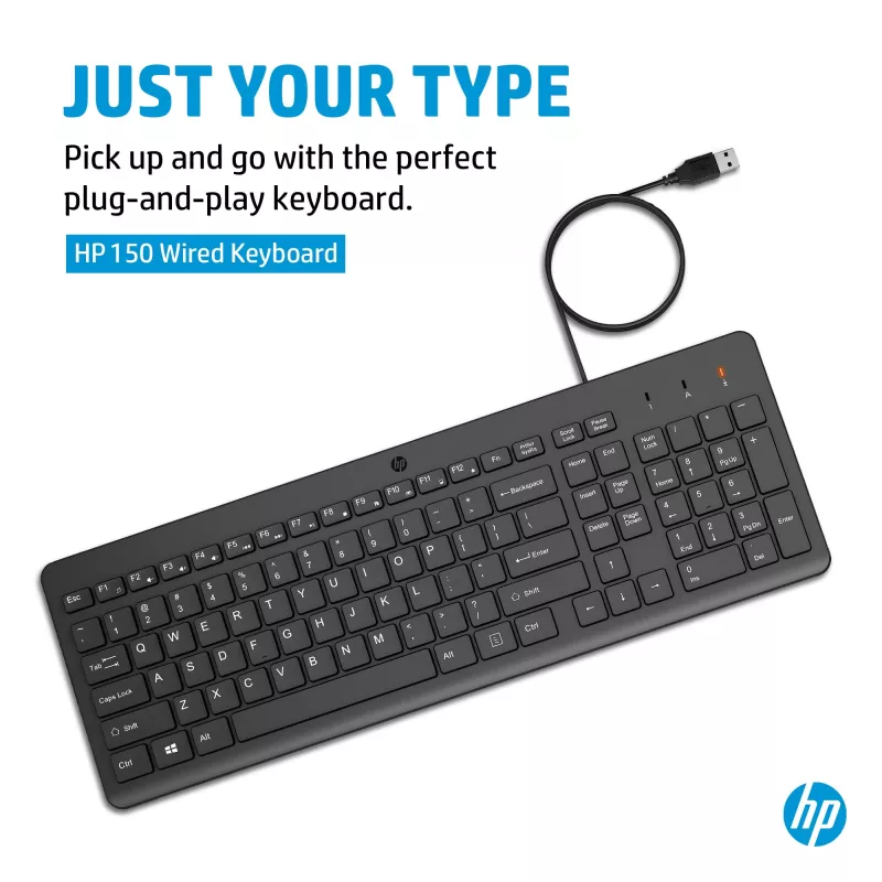 HP 150 vadu tastatūra, pilna izmēra (100%), vadu, USB, mehāniska, QWERTY, melna
