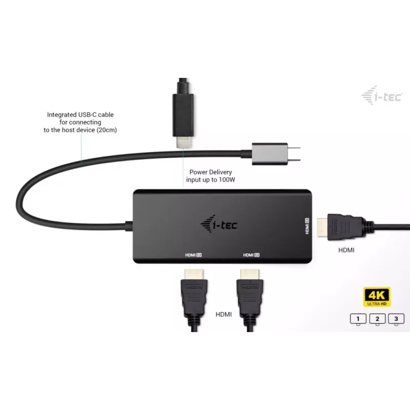 i-tec USB-C Triple 4K HDMI video adapteris, Power Delivery 100W