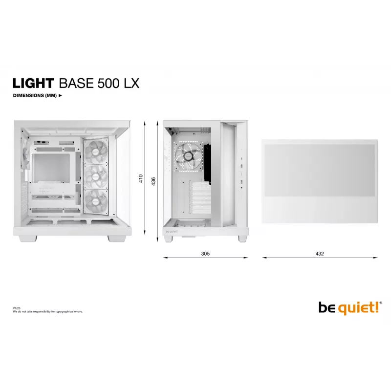 PC korpuss be quiet Light Base 500 LX balta Midi Tower ATX/PS2 PSU atbalsts 3x120 mm priekšā 1x120 mm aizmugurē atbalsta 2,5/3,5 collu diskus 305×436×432 mm