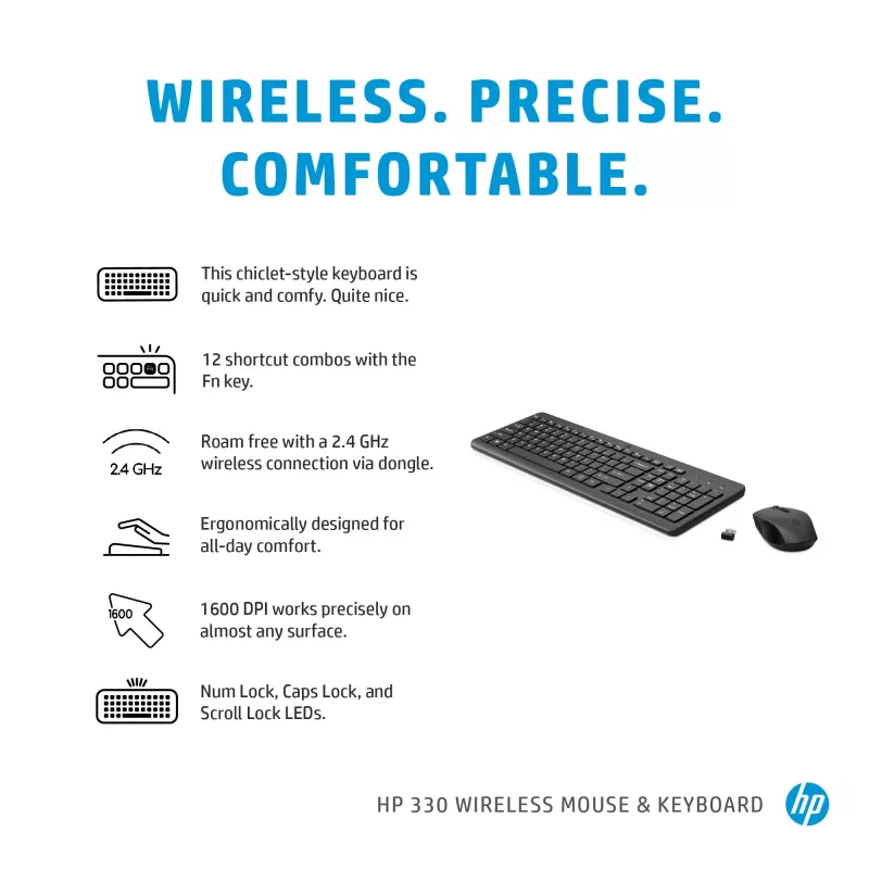 HP 330 Wireless pele and tastatūra Combination, Full-size (100%), bezvadu, RF Wireless, QWERTY, melna, iekļauta pele