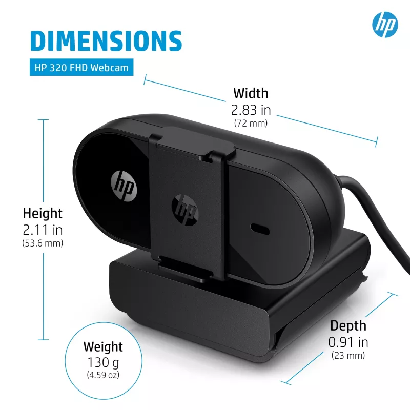 HP 320 FHD tīmekļa kamera, 1920 x 1080 pikseļi, Full HD, 30 kadri sekundē, Mājas, USB, melna