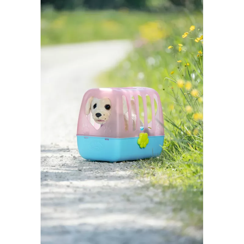 Leļļu mīlulis ZAPF BABY born My Dog Lucky ar kasti — tekstils/plastmasa, daudzkrāsains, vecumam 3–12 gadi, nepieciešamas 4×AAA