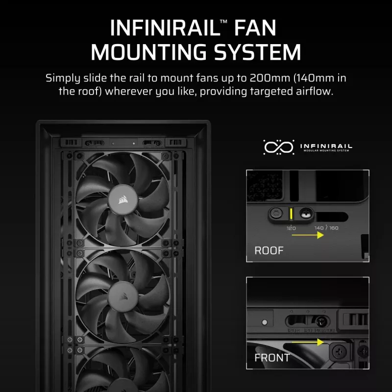 PC Midi Tower korpuss CORSAIR FRAME 5000D RS — melns, ATX/EATX atbalsts, 3x140 mm priekšējie ventilatori, rūdīts stikls, 250×556×542 mm