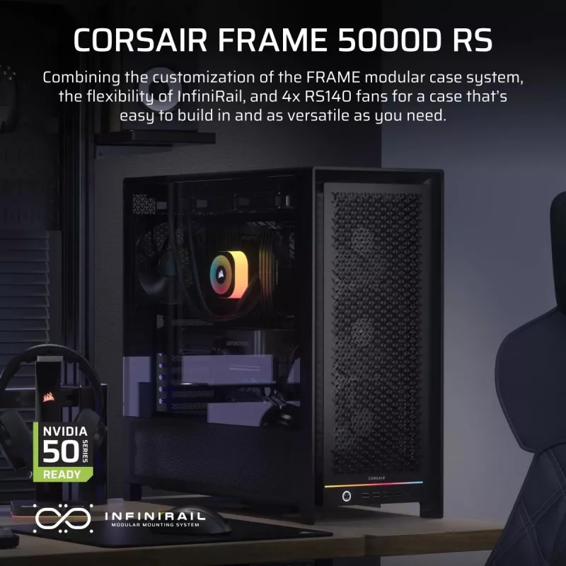 PC Midi Tower korpuss CORSAIR FRAME 5000D RS — melns, ATX/EATX atbalsts, 3x140 mm priekšējie ventilatori, rūdīts stikls, 250×556×542 mm