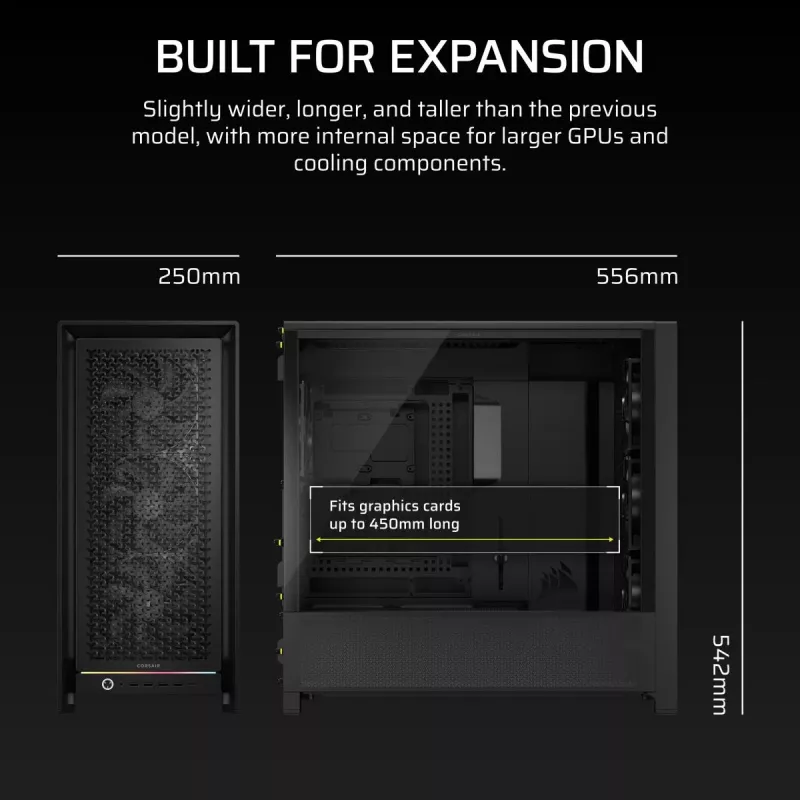 PC Midi Tower korpuss CORSAIR FRAME 5000D RS — melns, ATX/EATX atbalsts, 3x140 mm priekšējie ventilatori, rūdīts stikls, 250×556×542 mm