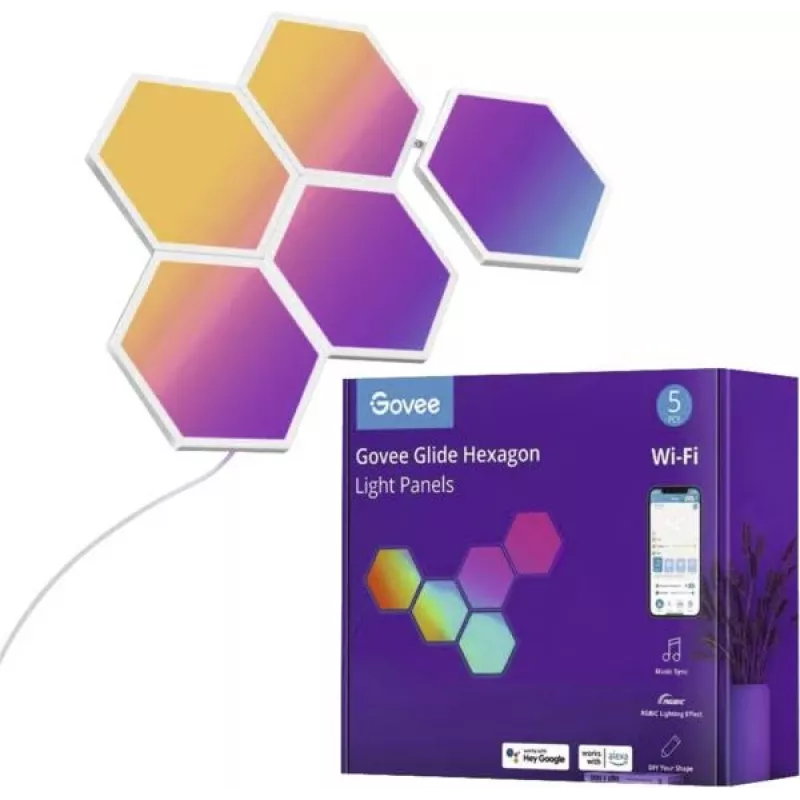 LED gaismas paneļi Govee B6061 5 gab. komplekts RGB krāsu mainīgi — moduļu dekoratīvais sienas apgaismojums