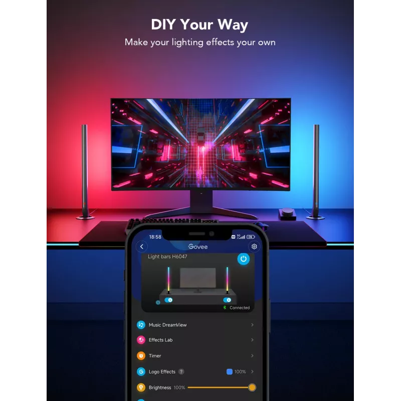 Viedā apgaismojuma komplekts Govee H6047, Wi‑Fi/Bluetooth, 12V 24W, melns, 5 gab.