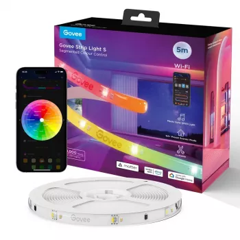 Viedā LED lentes gaisma Govee Strip Light S 5 m — Wi‑Fi/Bluetooth, RGBIC, 5000 mm, balta