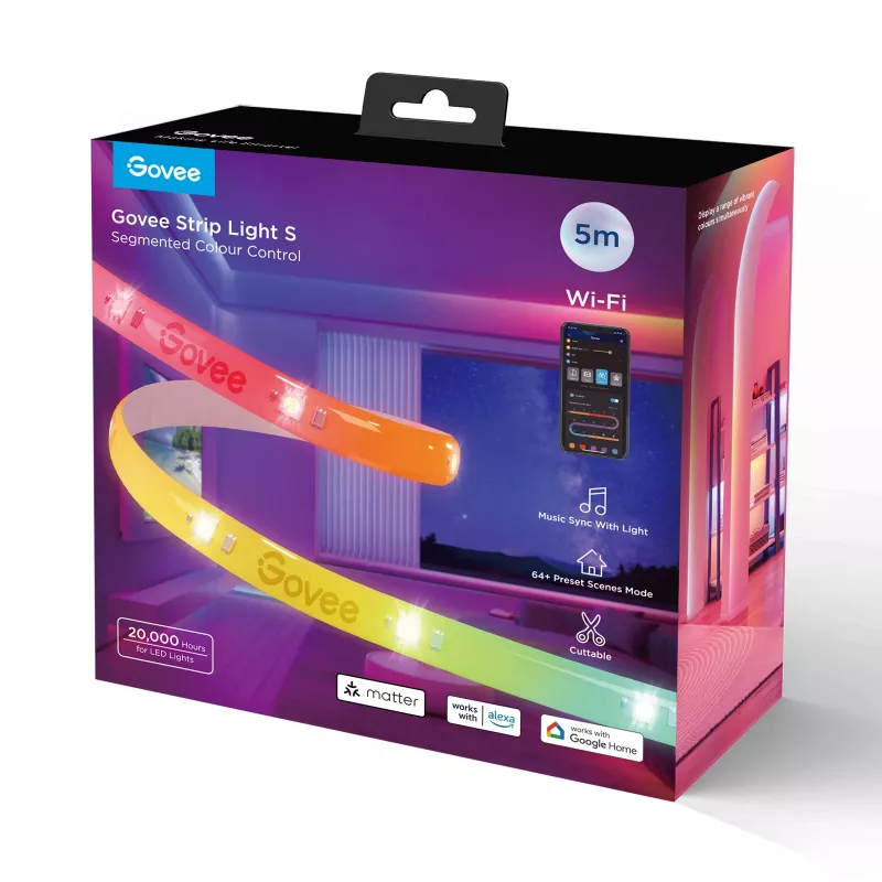 Viedā LED lentes gaisma Govee Strip Light S 5 m — Wi‑Fi/Bluetooth, RGBIC, 5000 mm, balta