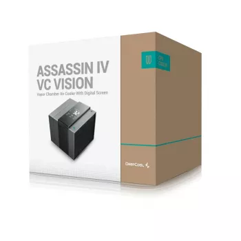 Gaisa dzesētājs DeepCool ASSASSIN IV VC VISION — divu ventilatoru 120/140 mm, 300 W TDP, 7 siltuma caurules, saderīgs ar LGA115x/LGA1200/LGA1700/LGA20xx, melns