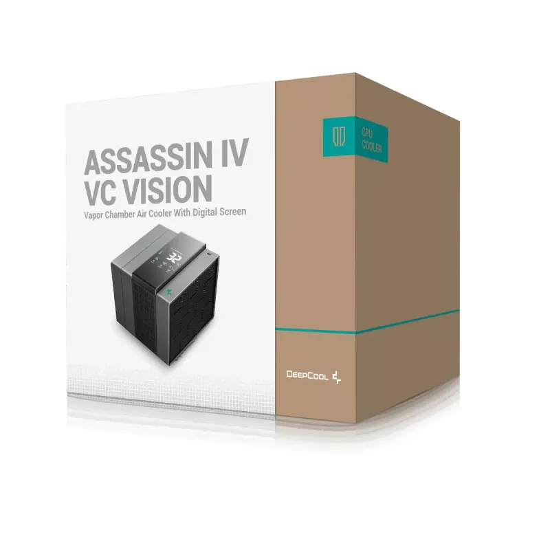 Gaisa dzesētājs DeepCool ASSASSIN IV VC VISION — divu ventilatoru 120/140 mm, 300 W TDP, 7 siltuma caurules, saderīgs ar LGA115x/LGA1200/LGA1700/LGA20xx, melns