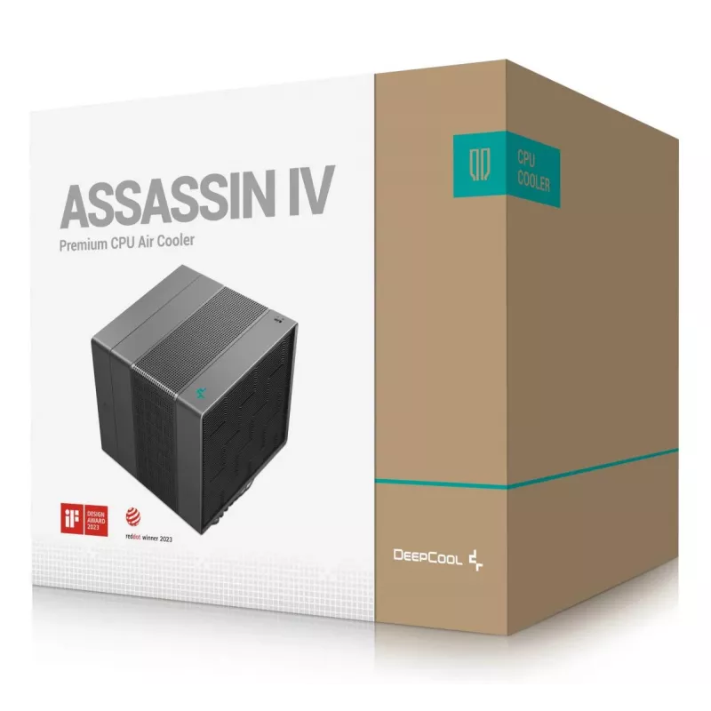 Gaisa dzesētājs DeepCool ASSASSIN IV 14 cm melns — 2.44 mmH2O maks. gaisa spiediens, 14 cm FDB ventilators, 1700 RPM, 79.1 cfm, 7 siltuma caurules