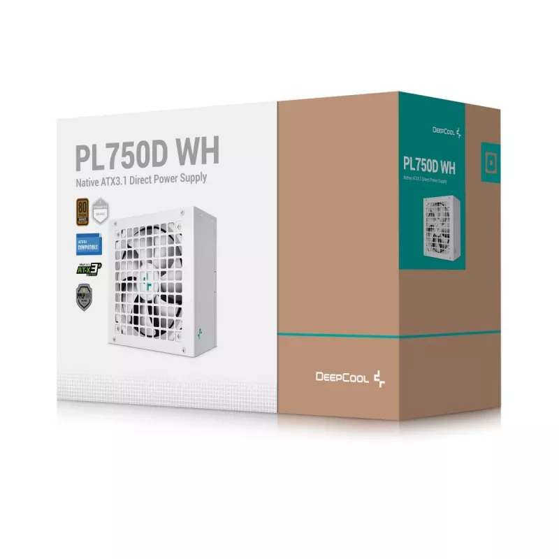 Barošanas bloks DeepCool PL750D WH — 750 W, ATX 20+4 pin, 80 PLUS Bronze, 120 mm ventilators, balts