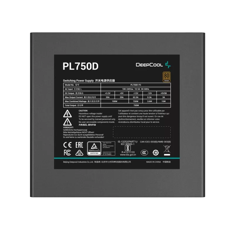 Barošanas bloks DeepCool PL750D 750W ATX 3.0 80 PLUS Bronze, 120 mm ventilators, 20+4 kontaktu, melns