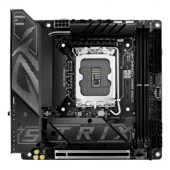 Mātesplate ASUS ROG STRIX B860-I GAMING WIFI — Intel B860, LGA 1851, mini ITX, 2× DDR5 DIMM (līdz 128 GB), Wi‑Fi 7, 2,5 Gb LAN